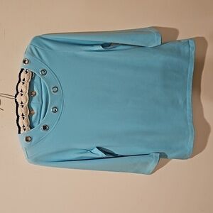 E.L.I WOMEN'S AQUA PERUVIAN PIMA COTTON TOP QUALITY KNIT PULLOVER TOP SIZE M